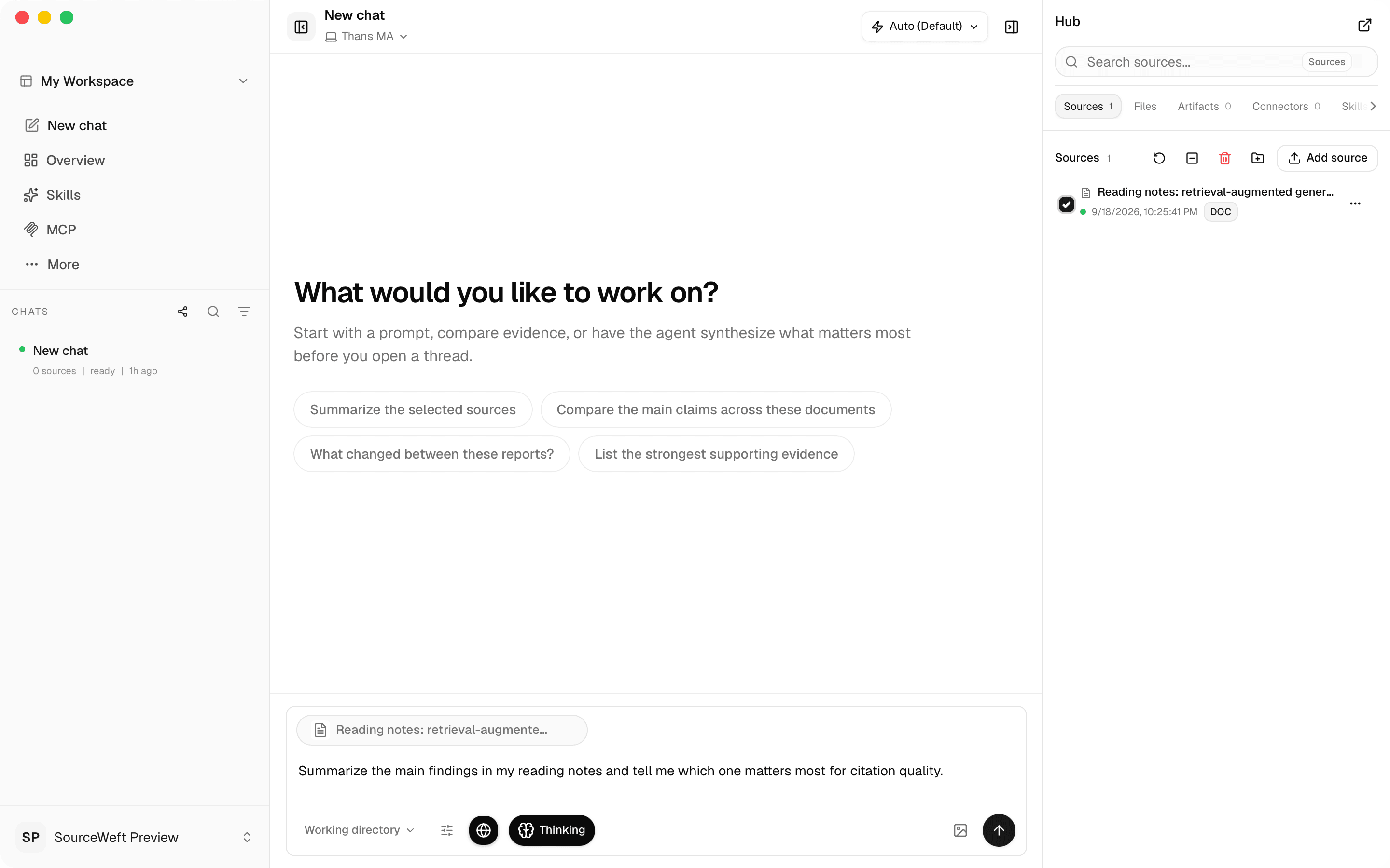SourceWeft desktop app on macOS: a workspace with a selected reading-notes source, a drafted question in the composer, and the Hub panel listing sources